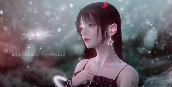 Anime picture 2117x1080 with original shale single long hair fringe highres black hair wide image bare shoulders payot looking away upper body blunt bangs nail polish parted lips horn (horns) fingernails lips realistic mole