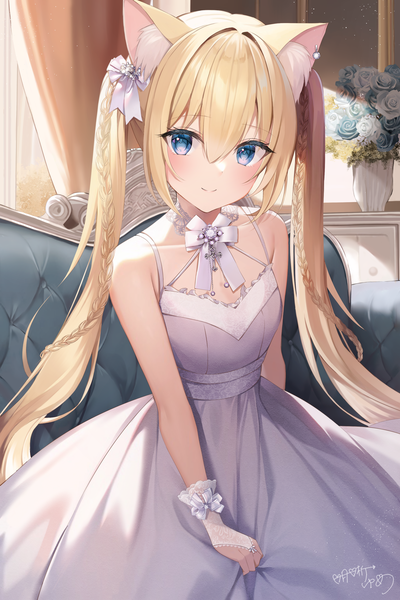 Anime picture 2489x3733 with original ymkrnchan single tall image looking at viewer blush fringe highres blue eyes blonde hair smile hair between eyes sitting twintails bare shoulders signed animal ears payot indoors braid (braids)