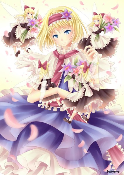 Anime picture 826x1169 with touhou alice margatroid villyane tall image short hair blue eyes blonde hair simple background smile multiple persona girl dress flower (flowers) bow hair bow petals large bow