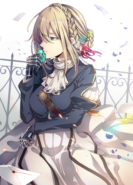 Anime picture 800x1110 with violet evergarden kyoto animation violet evergarden (character) dabadhi single long hair tall image fringe blonde hair hair between eyes green eyes looking away braid (braids) wind mechanical arms girl ribbon (ribbons) hair ribbon fence brooch