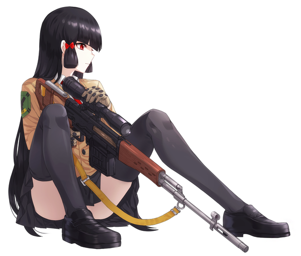 Anime picture 1137x965 with original kfr single long hair black hair simple background red eyes white background looking away girl thighhighs skirt weapon black thighhighs miniskirt gun sniper rifle