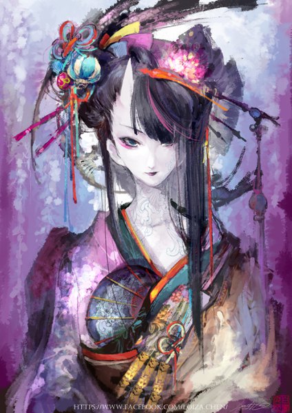 Anime picture 1768x2500 with original loiza single long hair tall image looking at viewer fringe highres black hair signed traditional clothes japanese clothes horn (horns) hair over one eye tattoo lipstick portrait oni horns makeup white skin