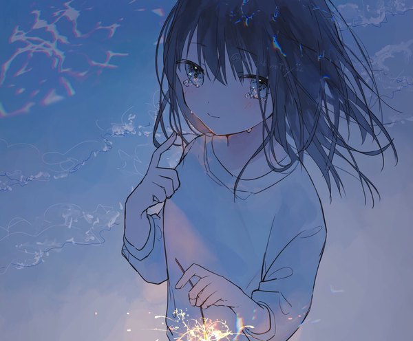 Anime picture 1443x1193 with original warabimoti yoz single long hair looking at viewer fringe blue eyes black hair hair between eyes signed from above wind twitter username tears beach girl bengal light