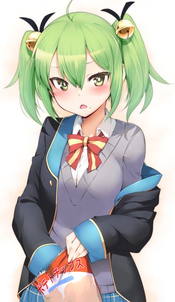 Anime picture 1705x2938 with gj-bu doga kobo kannazuki tamaki mdastarou single tall image looking at viewer blush highres short hair open mouth simple background white background twintails green eyes green hair short twintails hair bell girl uniform