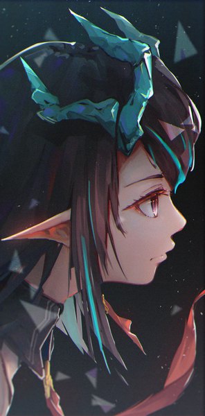 Anime picture 2958x6000 with arknights dusk (arknights) aur single long hair tall image highres black hair red eyes looking away profile multicolored hair horn (horns) pointy ears streaked hair face girl