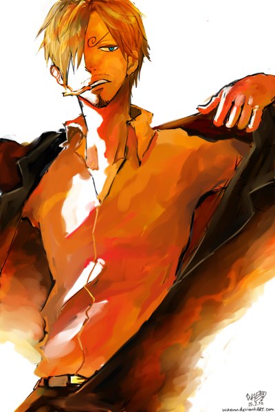 Anime picture 1000x1500 with one piece toei animation sanji waenn single tall image fringe short hair blue eyes blonde hair simple background white background signed hair over one eye open collar boy shirt cigarette beard