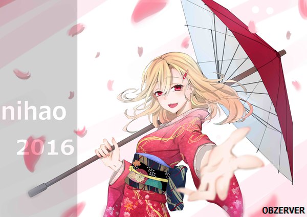 Anime picture 3507x2480 with original incompetent observer single long hair looking at viewer fringe highres open mouth blonde hair smile hair between eyes red eyes signed absurdres traditional clothes japanese clothes depth of field outstretched arm new year 2016