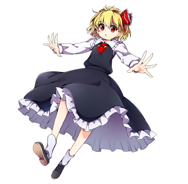 Anime picture 3608x3541 with touhou rumia baba (baba seimaijo) single highres short hair open mouth blonde hair red eyes absurdres full body long sleeves spread arms transparent background frilled dress girl dress skirt ribbon (ribbons) hair ribbon