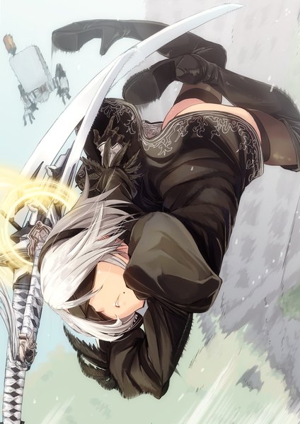 イラスト 827x1169 と nier nier:automata ヨルハ二号b型 pod (nier:automata) fu-ta ソロ 長身像 短い髪 light erotic 銀髪 ほくろ puffy sleeves 艶ぼくろ falling blindfold 女の子 ストッキング ドレス 武器 黒ストッキング