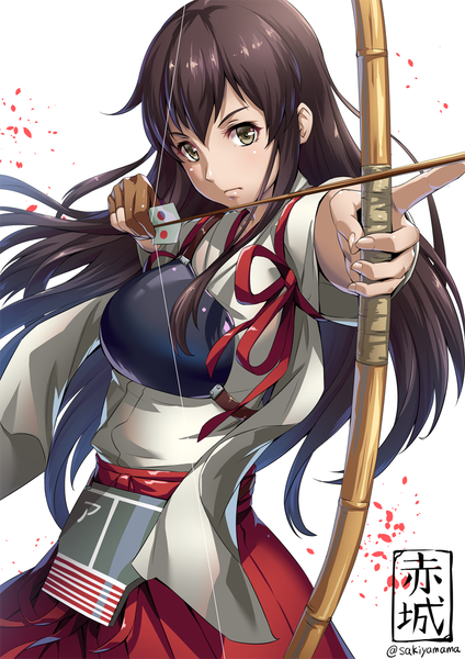 Anime picture 800x1131 with kantai collection akagi aircraft carrier sakiyamama single long hair tall image looking at viewer blush fringe simple background hair between eyes brown hair standing white background holding brown eyes signed payot traditional clothes wide sleeves