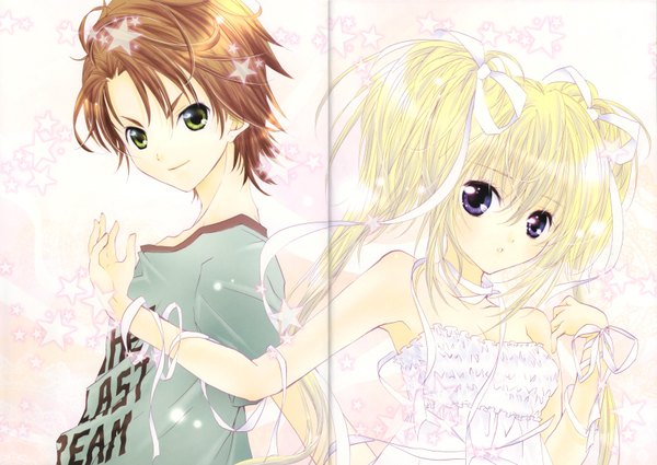 Anime picture 6560x4648 with shugo chara! hoshina utau soma kukai long hair highres short hair simple background blonde hair brown hair purple eyes twintails green eyes absurdres scan inscription couple girl dress boy star (symbol)