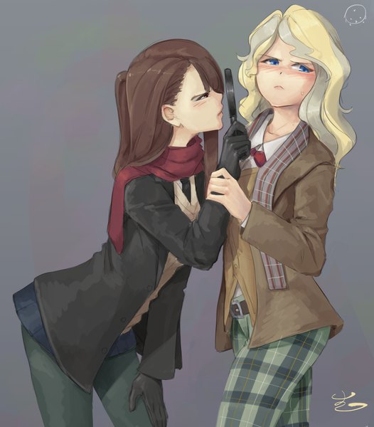 Anime picture 2530x2886 with little witch academia studio trigger kagari atsuko diana cavendish ehon-metal long hair tall image blush highres blue eyes blonde hair simple background brown hair multiple girls profile grey background leaning embarrassed leaning forward plaid