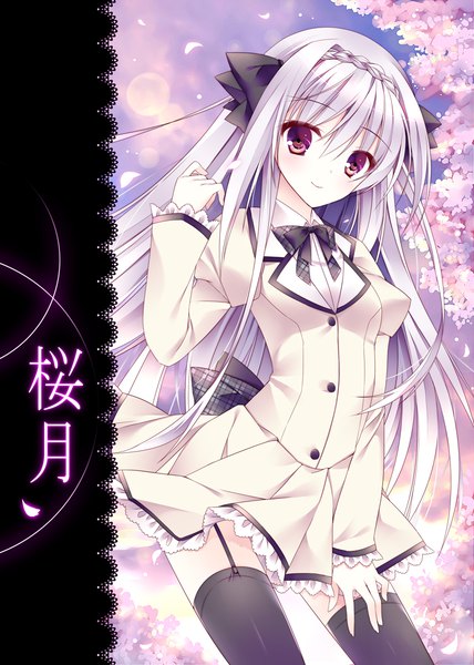 Anime-Bild 777x1088 mit tsuki ni yorisou otome no sahou sakurakouji luna sorai shin'ya single long hair tall image looking at viewer blush fringe hair between eyes red eyes silver hair braid (braids) light smile puffy sleeves cherry blossoms side braid plaid crown braid girl