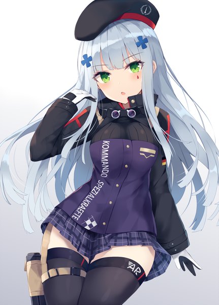 Anime picture 800x1114 with girls frontline hk416 (girls frontline) nibiiro shizuka single long hair tall image looking at viewer blush fringe breasts open mouth simple background green eyes payot silver hair blunt bangs long sleeves pleated skirt :o zettai ryouiki