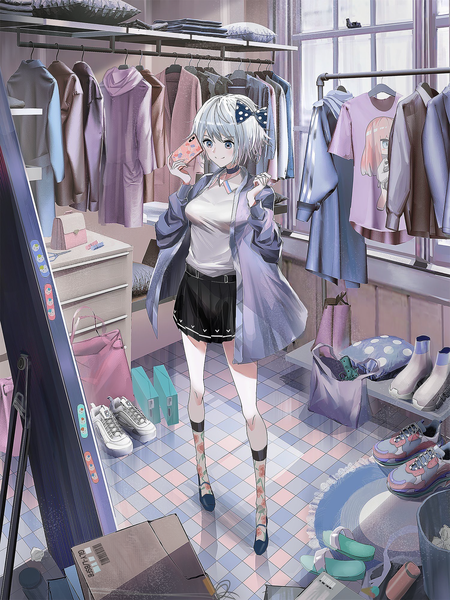 Anime picture 1501x2000 with original swav single tall image fringe short hair breasts hair between eyes standing holding looking away silver hair full body indoors long sleeves pleated skirt sunlight arms up open jacket puffy sleeves