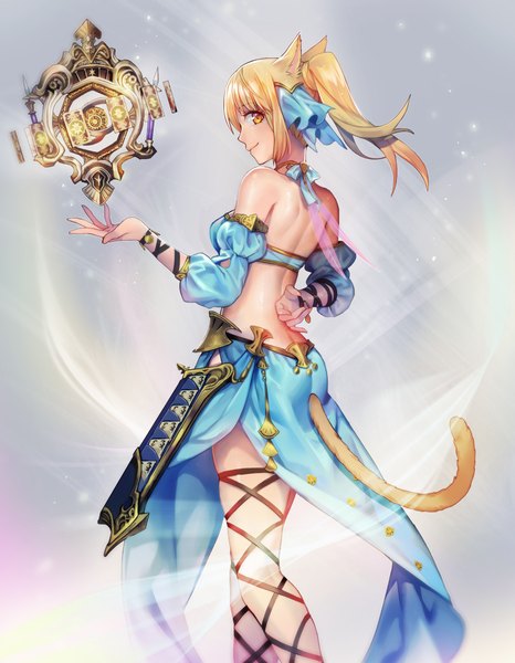 Anime picture 900x1158 with final fantasy final fantasy xiv square enix miqo'te lino chang single long hair tall image looking at viewer fringe simple background blonde hair smile bare shoulders animal ears yellow eyes payot ponytail profile arm up