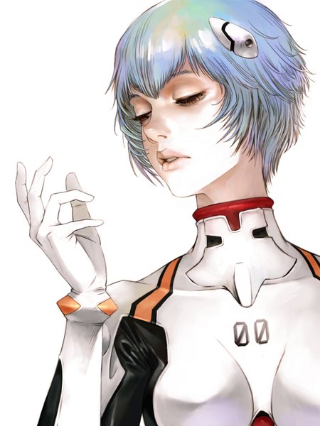 Anime picture 600x800 with neon genesis evangelion gainax ayanami rei kim kyounghwan single tall image fringe short hair breasts simple background white background brown eyes blue hair upper body parted lips lips realistic looking down girl hair ornament