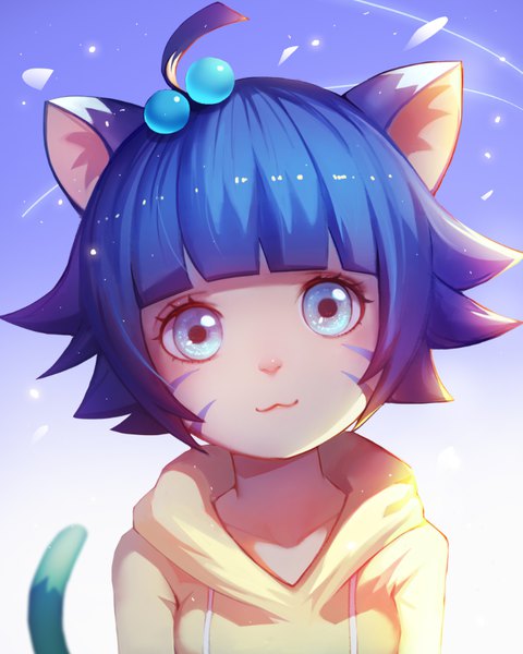 Anime picture 771x965 with naruto studio pierrot naruto (series) uzumaki himawari liuzexiong single tall image looking at viewer fringe short hair blue eyes simple background animal ears blue hair upper body ahoge tail blunt bangs animal tail cat ears