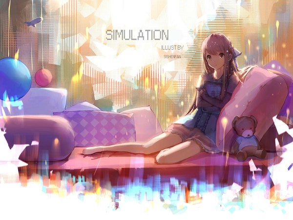 Anime picture 1600x1200 with shelter (music video) rin (shelter) sishenfan single long hair looking at viewer fringe hair between eyes brown hair brown eyes inscription bare legs girl dress pillow book (books) bed toy stuffed animal stuffed toy