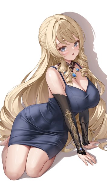 Anime picture 1644x2793 with genshin impact navia (genshin impact) lunacle single long hair tall image looking at viewer blush fringe breasts open mouth blue eyes light erotic simple background blonde hair large breasts white background sitting cleavage arm support
