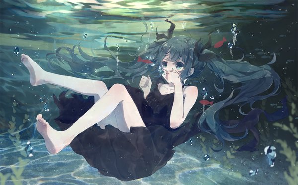Anime picture 1500x934 with vocaloid shinkai shoujo (vocaloid) hatsune miku bou shaku single blue eyes wide image twintails bare shoulders blue hair very long hair barefoot bare legs underwater girl dress bow hair bow bubble (bubbles) fish (fishes)
