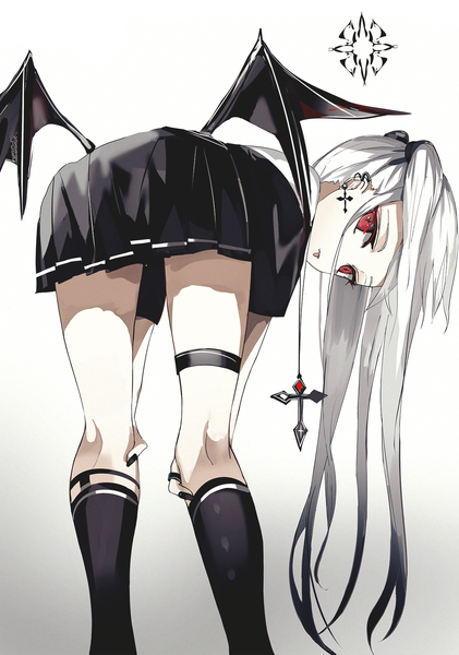Anime picture 1171x1667 with original beckzawachi single long hair tall image looking at viewer simple background red eyes twintails white hair nail polish pleated skirt looking back fingernails from behind grey background short sleeves gradient background piercing ear piercing