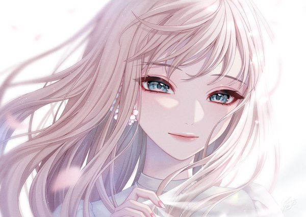 Anime picture 1200x849 with original ca yu single long hair looking at viewer fringe blue eyes simple background blonde hair smile white background signed upper body hair flower blurry floating hair girl flower (flowers) petals