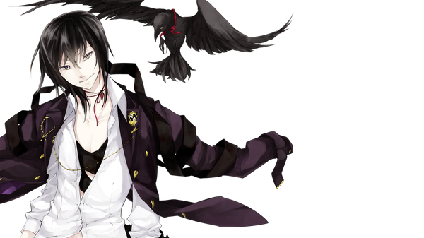 Anime picture 1280x720 with seventh heaven kanade (seventh heaven) 35 (artist) single long hair black hair wide image yellow eyes light smile open clothes open shirt transparent background pale skin silver eyes partially open clothes boy ribbon (ribbons) animal shirt choker