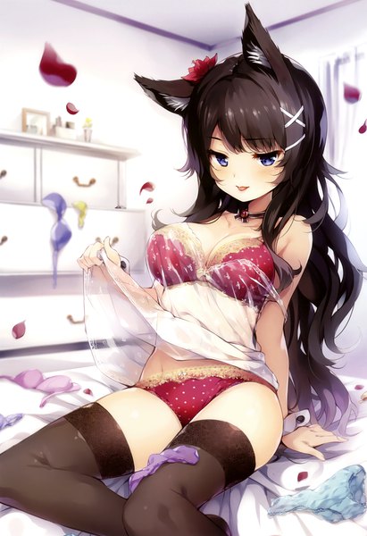 Anime picture 2264x3300 with melonbooks senji (tegone spike) single long hair tall image looking at viewer blush fringe highres breasts blue eyes light erotic black hair sitting animal ears indoors hair flower blurry scan arm support