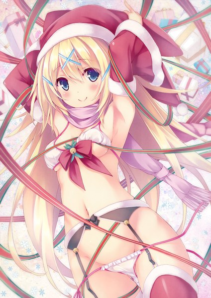 Anime picture 1000x1414 with original ryo (botugo) single tall image blush blue eyes light erotic blonde hair smile girl thighhighs navel underwear panties ribbon (ribbons) hat detached sleeves lingerie bra white panties