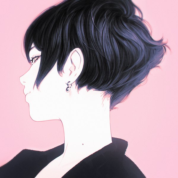 Anime picture 1080x1080 with original ilya kuvshinov single looking at viewer short hair simple background profile mole monochrome portrait pink background girl earrings