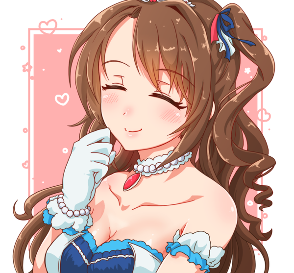 Anime picture 1120x1040 with idolmaster idolmaster cinderella girls shimamura uzuki yukito (hoshizora) single long hair blush fringe simple background smile brown hair bare shoulders cleavage eyes closed shiny skin one side up border ^ ^ girl gloves