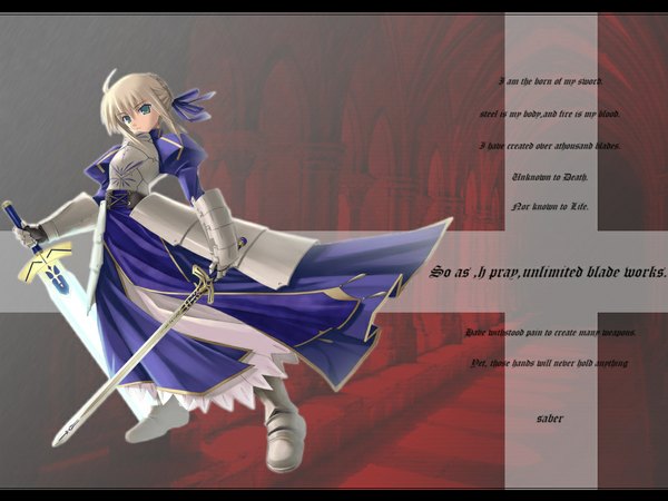 Anime picture 1024x768 with fate (series) fate/stay night studio deen type-moon artoria pendragon (all) saber blonde hair green eyes wallpaper ranguage engrish unlimited blade works dress sword armor