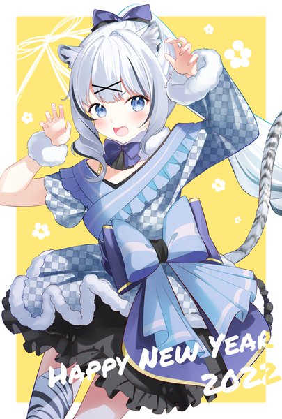 Anime picture 1102x1631 with original luna (mi-chanman) single long hair tall image blush blue eyes animal ears silver hair ponytail tail animal tail fur trim border new year outside border yellow background checkered happy new year claw pose