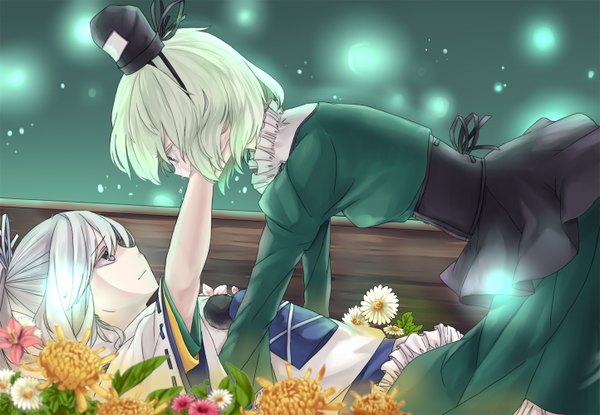 Anime picture 1444x1000 with touhou mononobe no futo soga no tojiko hug (yourhug) short hair multiple girls white hair lying green hair grey eyes girl dress flower (flowers) 2 girls hat headdress corset teardrop