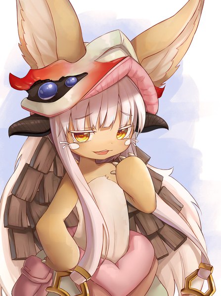 Anime picture 1200x1608 with made in abyss kinema citrus nanachi (made in abyss) lunia single long hair tall image looking at viewer fringe open mouth yellow eyes upper body white hair blunt bangs hand on hip girl hat furry