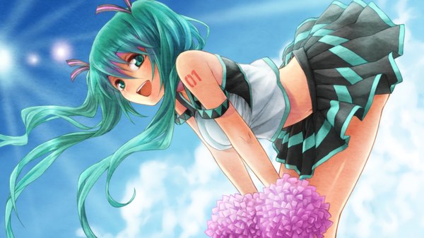 Anime picture 1920x1080 with vocaloid hatsune miku hachi shoku (artist) single long hair highres open mouth wide image twintails bare shoulders aqua eyes aqua hair cheerleader girl skirt miniskirt