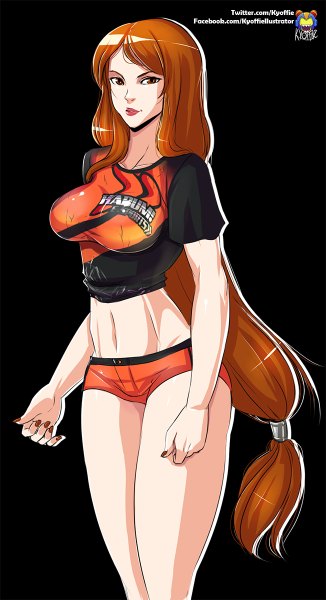 Anime picture 652x1200 with league of legends leona (league of legends) kyoffie12 single long hair tall image looking at viewer fringe breasts light erotic simple background red eyes standing nail polish fingernails lips orange hair bare belly midriff legs