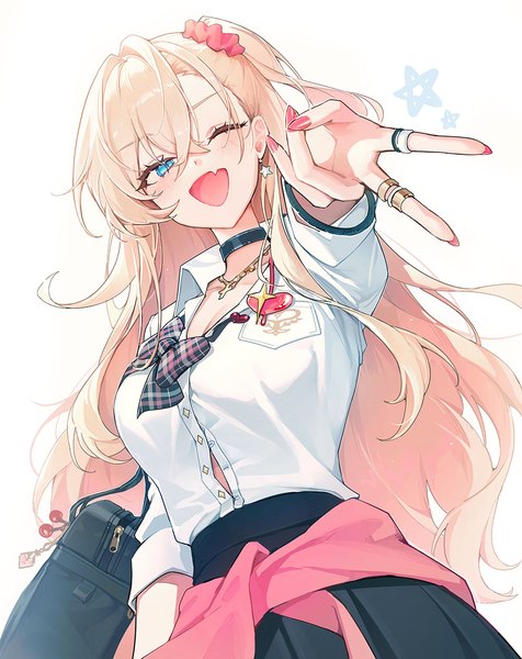 Anime picture 1000x1260 with original ttosom single long hair tall image looking at viewer fringe open mouth blue eyes simple background blonde hair hair between eyes white background nail polish fingernails one side up long fingernails ;d pink nail polish clothes around waist