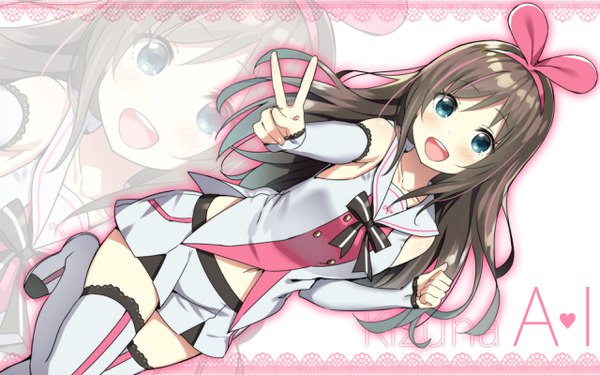 Anime picture 2560x1600 with virtual youtuber a.i. channel kizuna ai sky-freedom single long hair looking at viewer blush fringe highres open mouth blue eyes smile hair between eyes brown hair bent knee (knees) multicolored hair dutch angle wallpaper zettai ryouiki