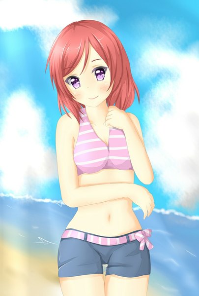 Anime picture 675x1000 with love live! school idol project sunrise (studio) love live! nishikino maki tear yu single tall image looking at viewer blush fringe short hair breasts smile purple eyes sky cloud (clouds) red hair girl navel shorts