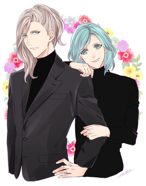 Anime picture 1014x1287 with uta no prince-sama a-1 pictures mikaze ai camus maso long hair tall image looking at viewer short hair simple background blonde hair white background signed head tilt aqua eyes aqua hair multiple boys hand on hip turning head holding hands