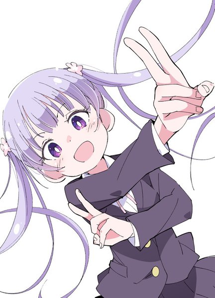 Anime picture 666x924 with new game! doga kobo suzukaze aoba ixy single long hair tall image looking at viewer blush open mouth simple background white background purple eyes twintails purple hair victory formal twintails day girl