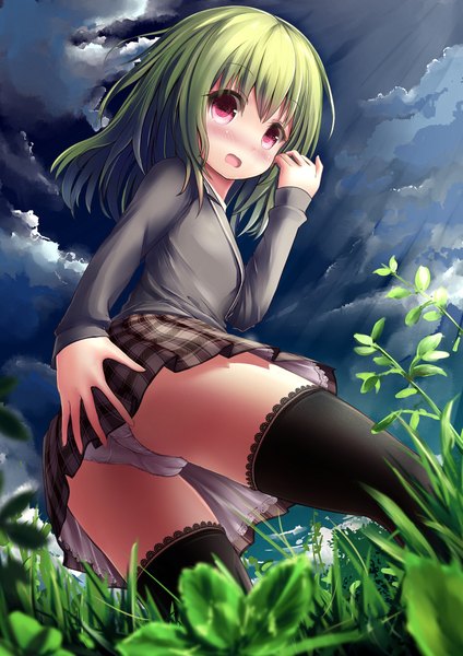 Anime picture 1447x2047 with original missle228 single tall image looking at viewer blush short hair open mouth light erotic red eyes sky cloud (clouds) green hair girl thighhighs skirt underwear panties black thighhighs plant (plants)