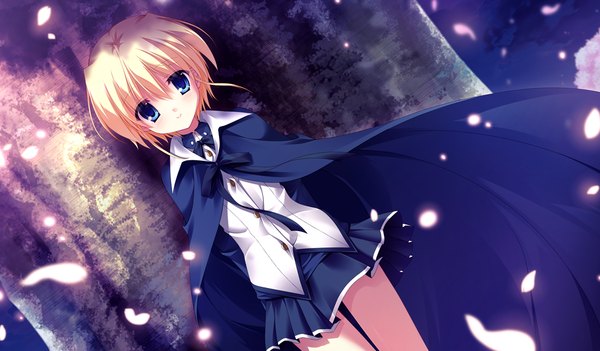 Anime picture 1024x600 with da capo iii blush short hair blue eyes blonde hair wide image game cg girl plant (plants) petals tree (trees) cape