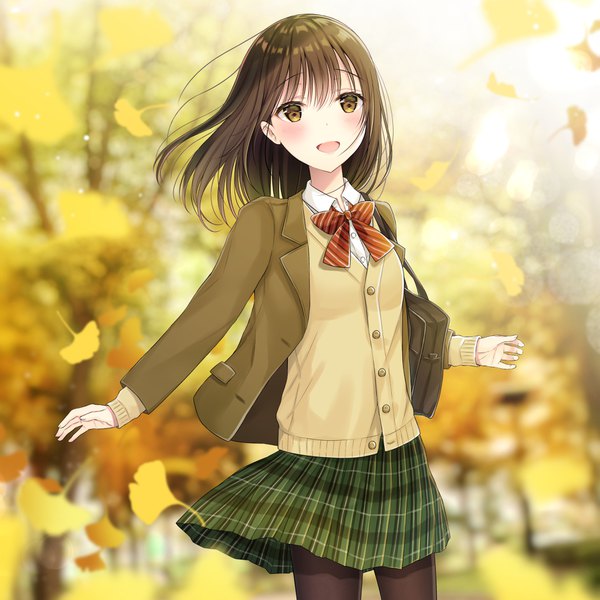 Anime picture 3858x3858 with original ueno tomo single long hair looking at viewer blush fringe highres open mouth brown hair brown eyes absurdres outdoors pleated skirt sunlight happy sunbeam autumn girl skirt