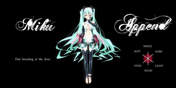Anime picture 1986x1000 with vocaloid vocaloid append hatsune miku hatsune miku (append) highres red eyes wide image twintails barefoot green hair black background girl