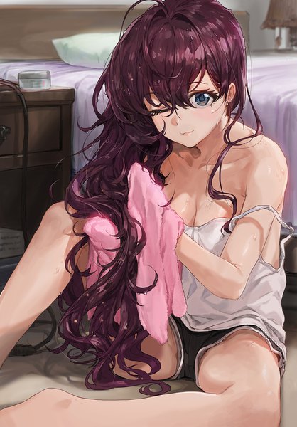 Anime picture 1000x1436 with idolmaster idolmaster cinderella girls ichinose shiki modare single long hair tall image looking at viewer blush breasts blue eyes light erotic sitting bare shoulders purple hair ahoge bent knee (knees) one eye closed light smile wink