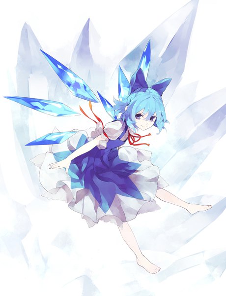 Anime picture 833x1085 with touhou cirno shihou (g-o-s) single tall image fringe short hair simple background smile hair between eyes white background purple eyes blue hair full body barefoot spread arms girl dress bow hair bow