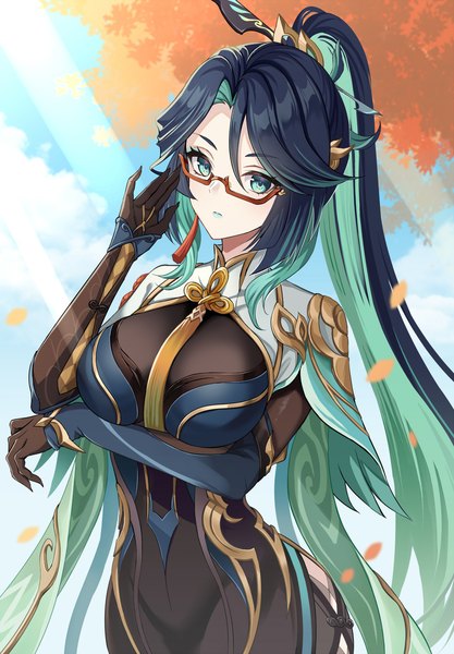 Anime picture 1000x1439 with genshin impact cloud retainer (genshin impact) xianyun (genshin impact) harimoji single long hair tall image looking at viewer breasts light erotic black hair large breasts outdoors ponytail multicolored hair aqua eyes sunlight aqua hair two-tone hair lipstick